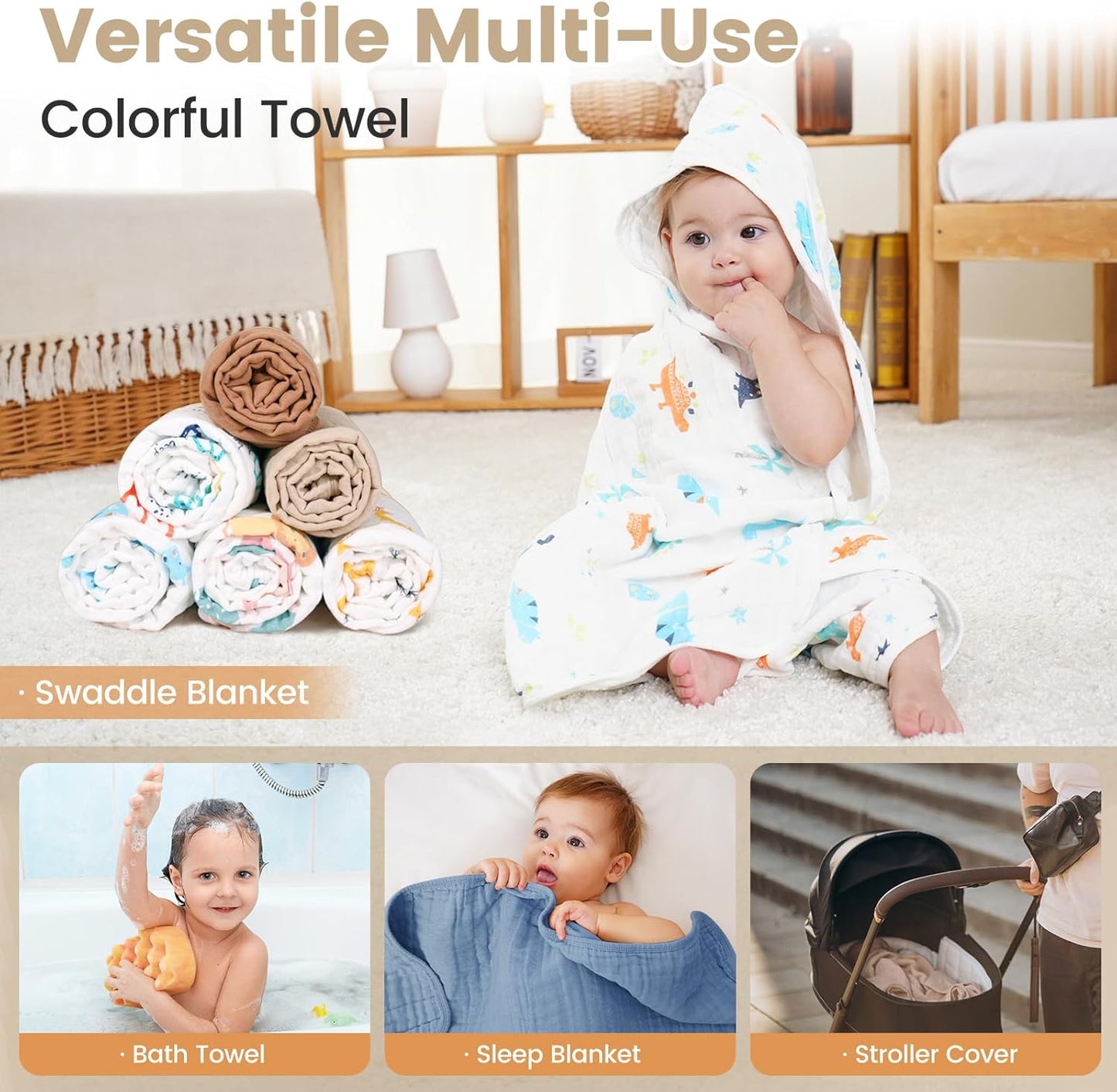 Hooded Baby Towels for Newborn 2 Pack, 36x36 Inch Muslin Cotton Baby Bath Towel and 2 Pack Washcloths for Babies, Toddler and Kids, Soft and Absorbent Newborn Essential(Pink and Apricot)