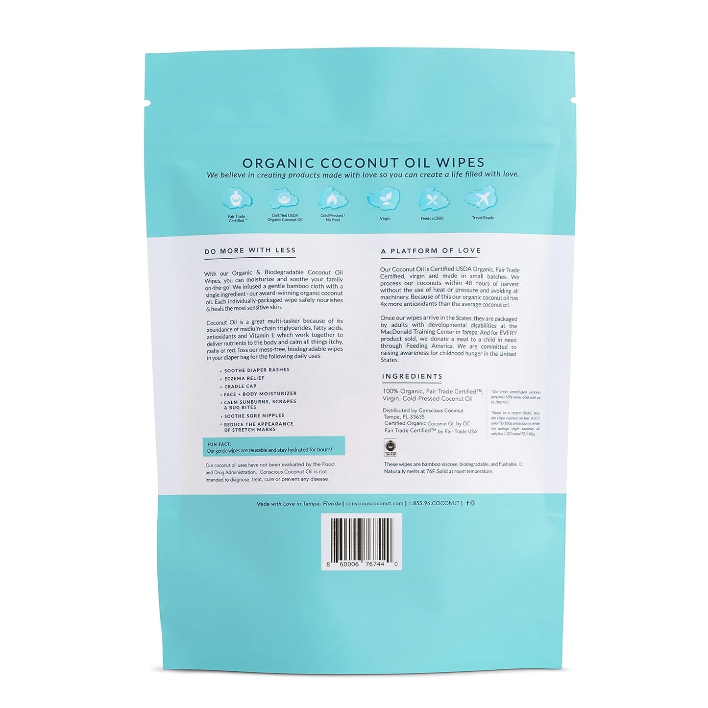 Coconut Oil Wipes For Babies and Children - Oil Moisturizing Wipes for Diaper Rashes, Eczema, Cradle Cap, Infused with Cold-Pressed, Raw Coconut Oil, Conscious Coconut