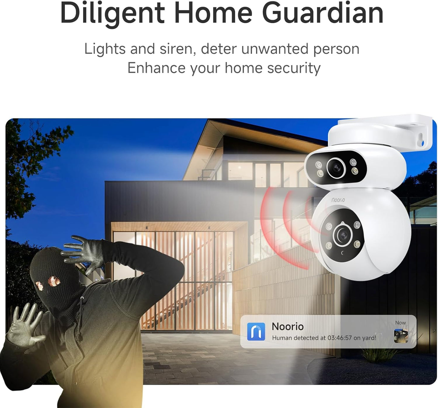 Noorio Dual Lens 2K Security Camera Outdoor, Outside Cameras for Home Security Plug-in, Auto Tracking 360° PTZ, Color Night Vision, 24/7 Recording, 2.4G WiFi Only