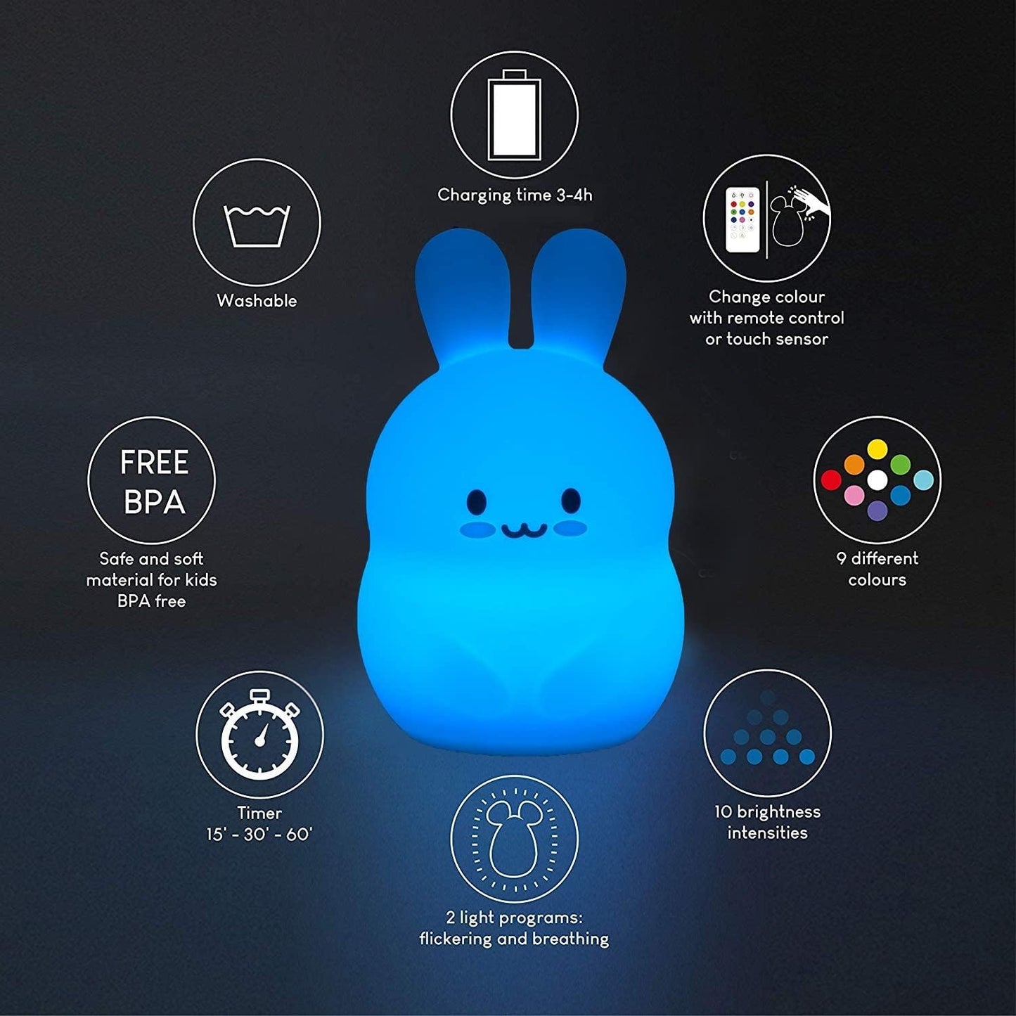 Large Rabbit Night Lights for Kids in Silicone, 9 Colors Baby Bedroom Lighting Children Bedside Table Lamps for Toddlers/Boys/Girls/Adults/Bedroom/Student/Elder/Bathroom/Outdoor - Large