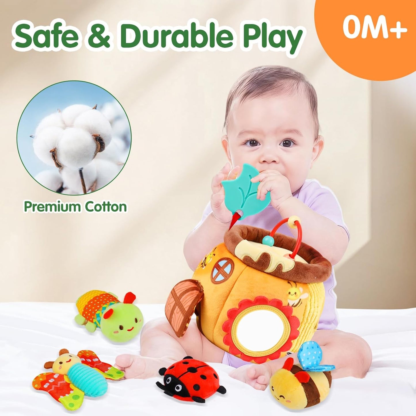 Baby Toys 6-12 Months - Soft Beehive with 5 Stuffed Animals, Rattle, Crinkle, Mirror, Montessori Sensory Toys for Babies 6 7 8 9 10 Months Old Baby Boy Girl Shower Gifts Stocking Stuffers Ages 0-2