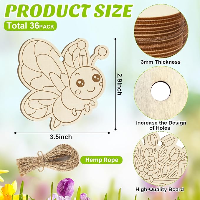 36 PCS Wooden Spring Ornaments to Paint, 12 Styles DIY Blank Unfinished Wood
