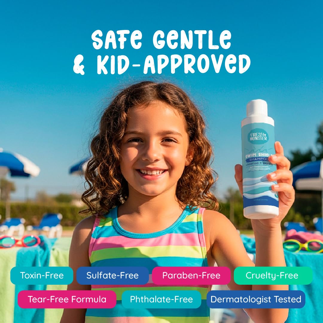 Fresh Monster Swim Shampoo for Kids – Clarifying Shampoo for Chlorine & Salt Water Removal – Tear-Free, Sulfate-Free, Gentle Post-Swim Hair Wash for Swimmers, 8.5 oz