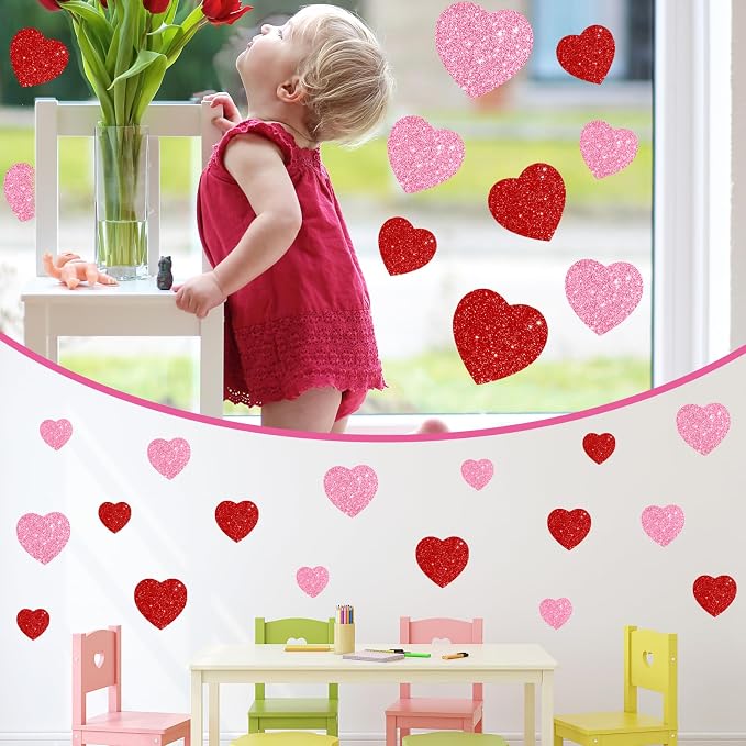 JarThenaAMCS 45Pcs Valentine' s Day Paper Cutouts Red Pink Glitter Heart Shape