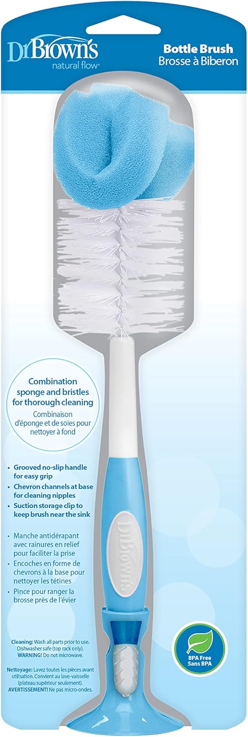 Dr. Brown's Reusable Sponge Baby Bottle Cleaning Brush with Suction Cup Stand, Scrubber and Nipple Cleaner, Assorted Color 1-Pack
