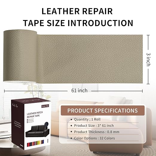 Leather Repair Patch Tape, Medium Grey Beige 3 x 61 Inches Self Adhesive