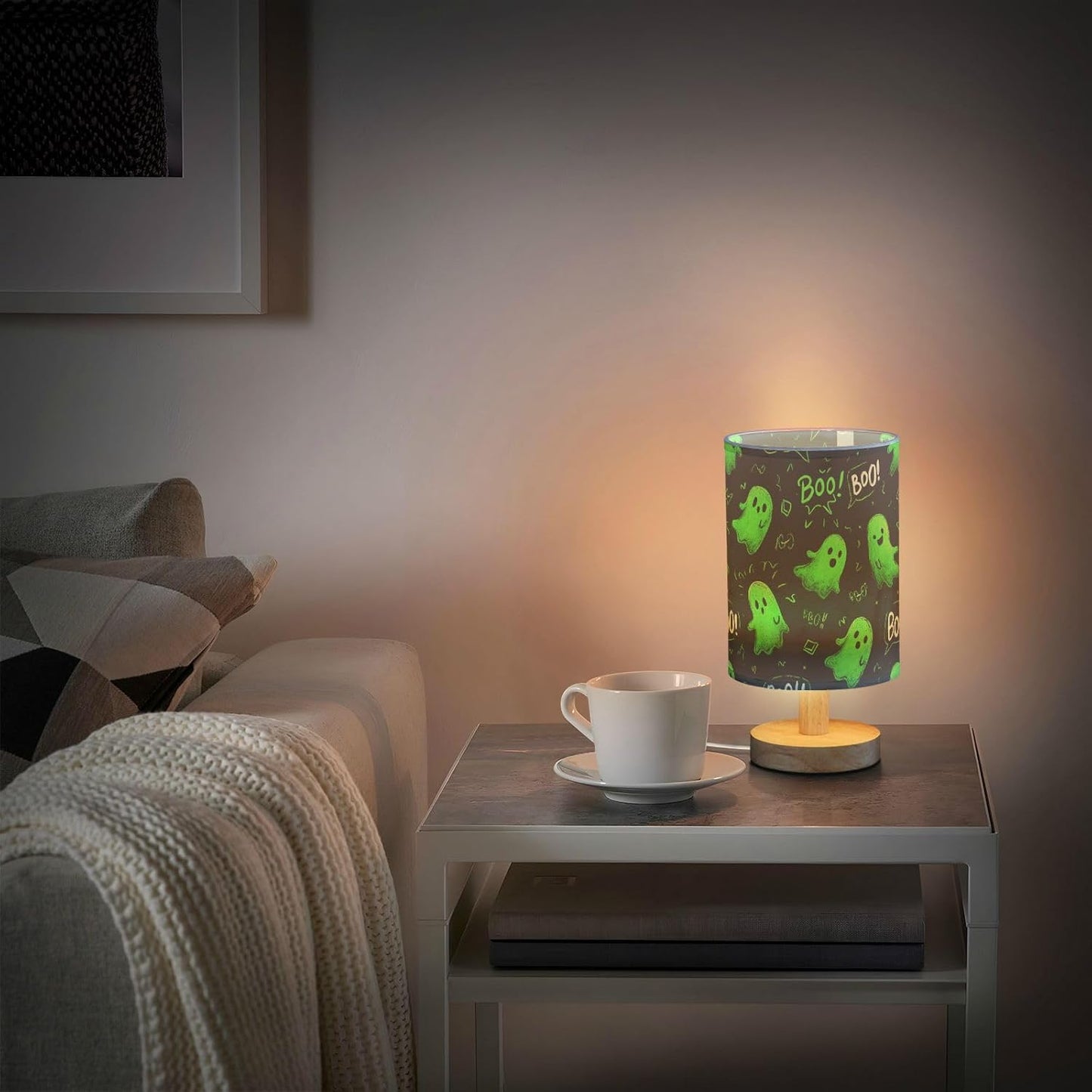 Halloween Green Ghost Table Lamp Bedroom Bedside Night Reading Desk Lamps Cylinder Nightstand Sleeping Light Lamp for Kids Living Room Office Decor