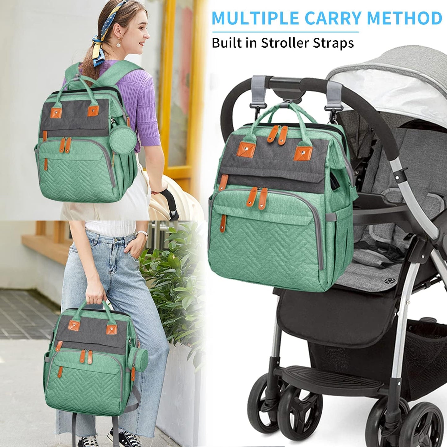 KABAQOO Diaper Bag Backpack with Detachable Changing Station, Large Capacity Baby Diaper Bags for Boys & Girls, Baby Registry Search Stuff & Shower Gifts, Newborn Essentials Must Haves, Green Grey