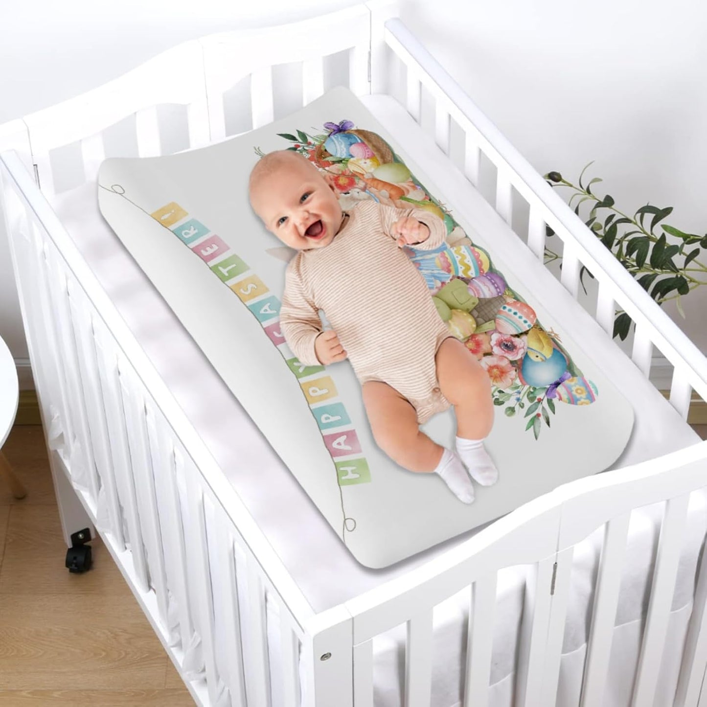 Happy Easter Bunny Eggs Changing Pad Cover Spring Rabbits Chicks Grass Flowers Leaves Garden Diaper Changing Table Cover Sheets for Boy Girl Soft Stretchy Change Table Pad Mats Covers 32''x16''