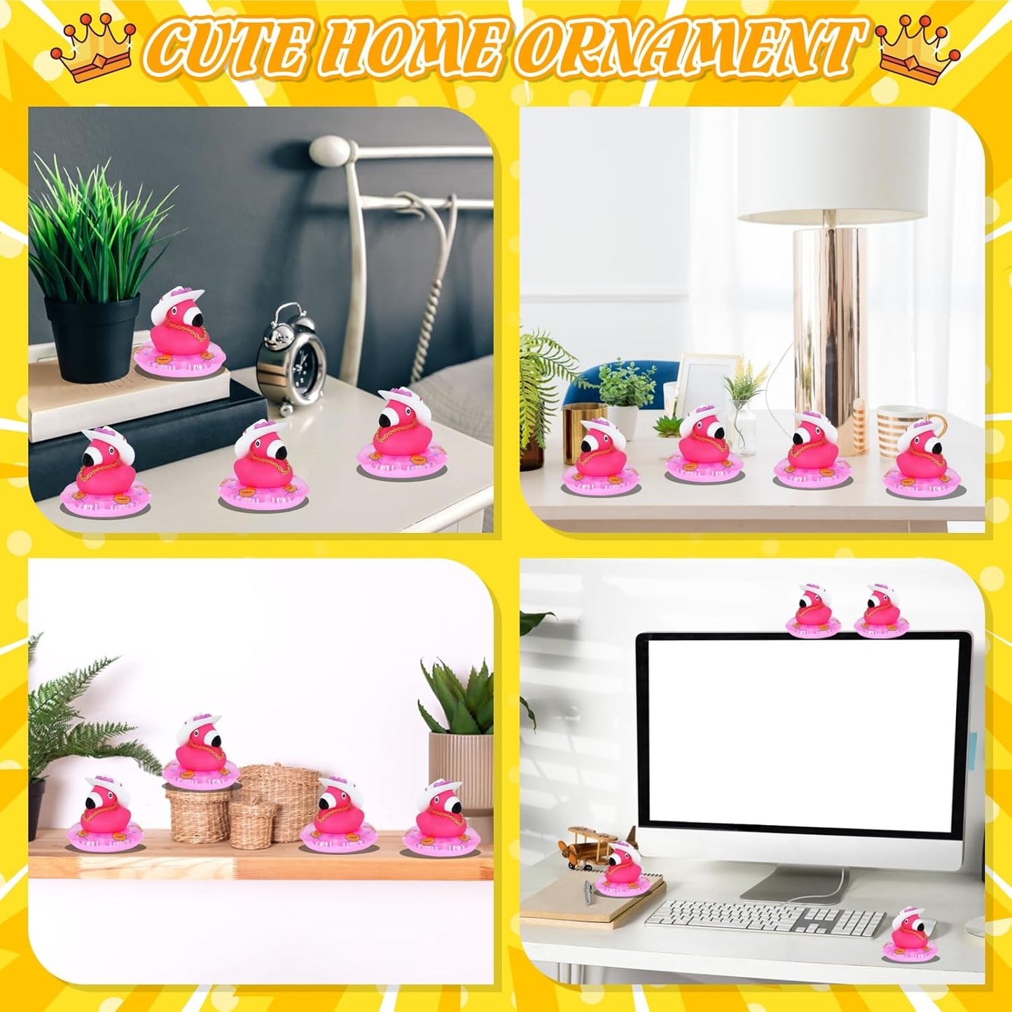 Pink Flamingo Rubber Duck Jeeps Duck, with Mini Cowboy Hat, Swim Ring, Gold Chain & Heart Sunglasses, for Car Dashboard Decor, Home Office Party Decoration, Baby Bath Toys, Birthday Gifts