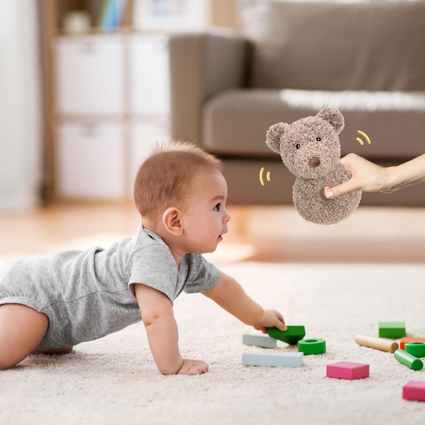 Baby Teddy Bear Soft Rattle Toy, Plush Bear Infant Shaker Rattle Easy-Grasp Stuffed Animal Toy, Gifts for Newborns Babies Toddlers Boys Girls, Brown, 6 Inches