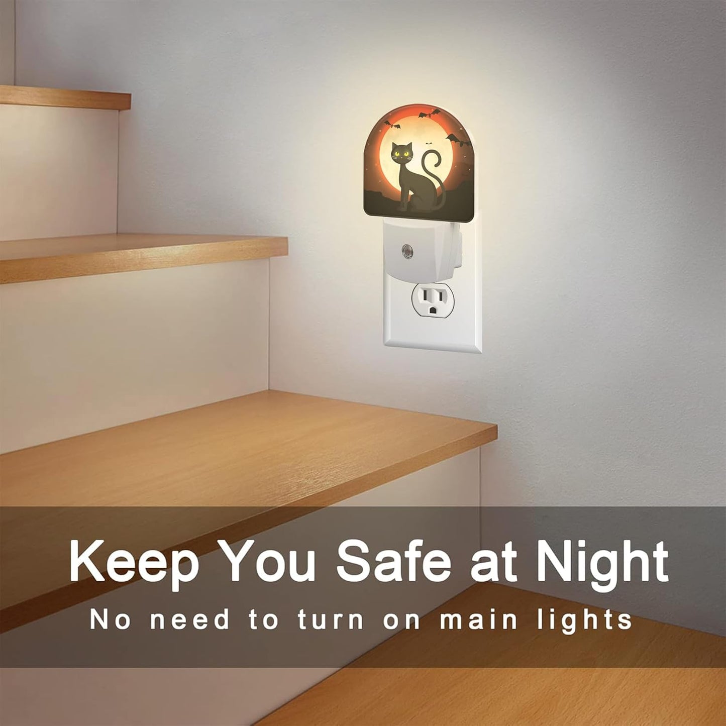 Black Cat with Full Moon Night Light, Halloween Cat Bats Dusk to Dawn Night Light Plug in,0.5w Energy Saving Sleep Friendly NightLight for Kids Boys Girls Home Decor