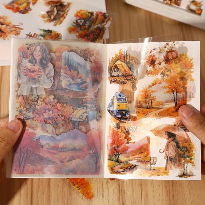 Fall Landscape Pre-Cut Autumn Journal Sticker Book, Transparent PET Watercolor