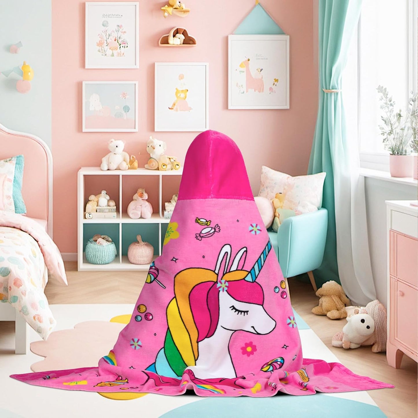 Kids Hooded Bath Towels-Soft Thick 100% Cotton Hooded Beach Towel for Kids 3-10 Years,Absorbent Fast-Drying Cute Toddler Bath & Swim Towels,for Boys & Girls 30"x 51"(Sweet Unicorn)