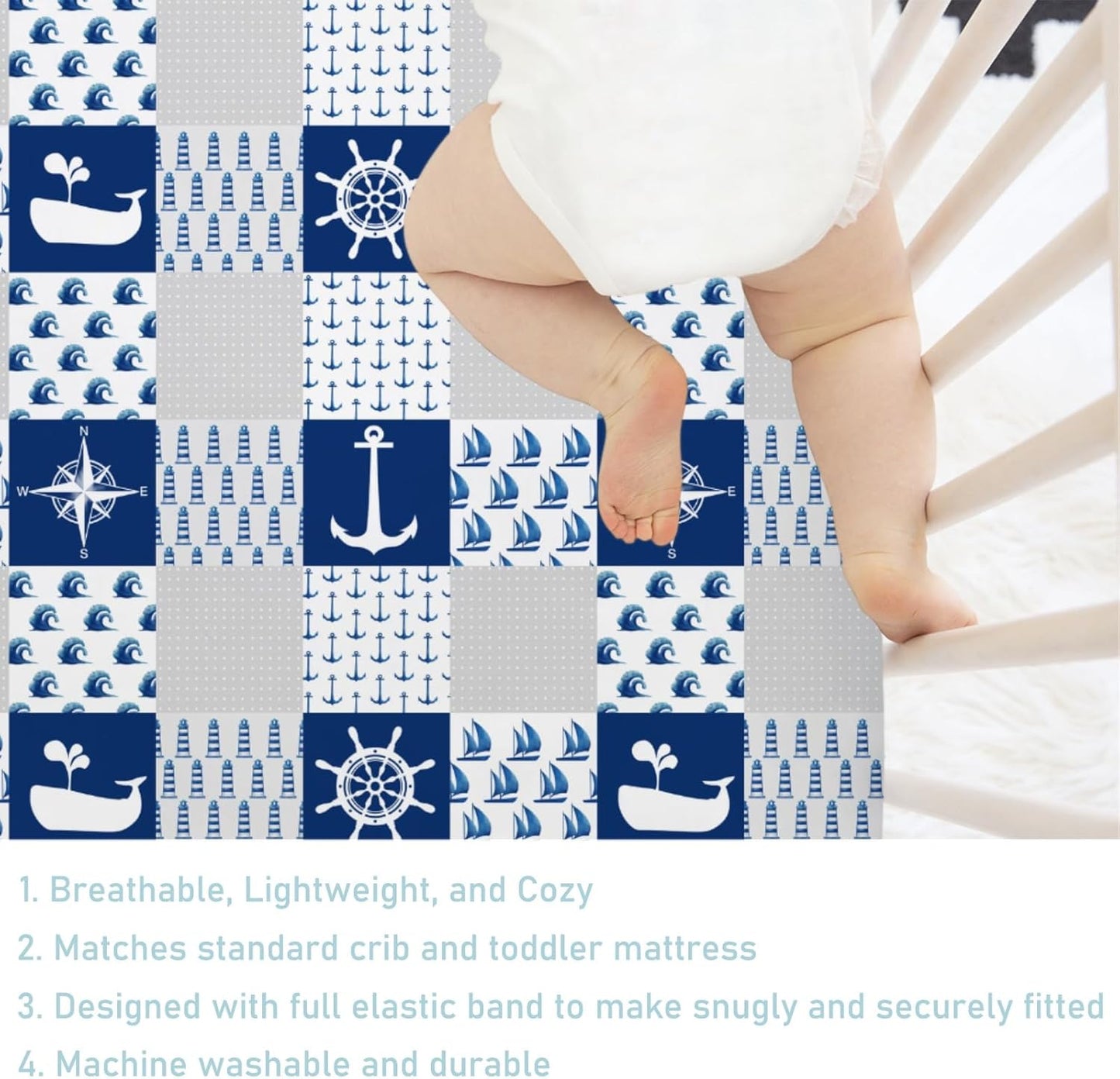 Navy Nautical Life Baby Crib Fitted Sheet 52''x28'' Sea Marine Lighthouse Compass Whale Fitted Crib Mattress Sheet for Boy Girl Nursery Bed Sheets for Standard Crib and Toddler Mattress