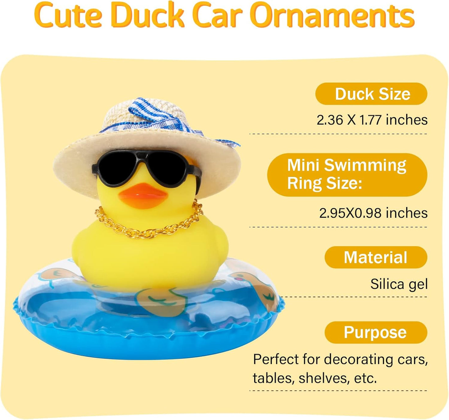 wonuu Car Rubber Duck, Yellow Duck Decoration Dashboard with Sun Hat Swim Ring Necklace Sunglasses for Car Dashboard Decorations