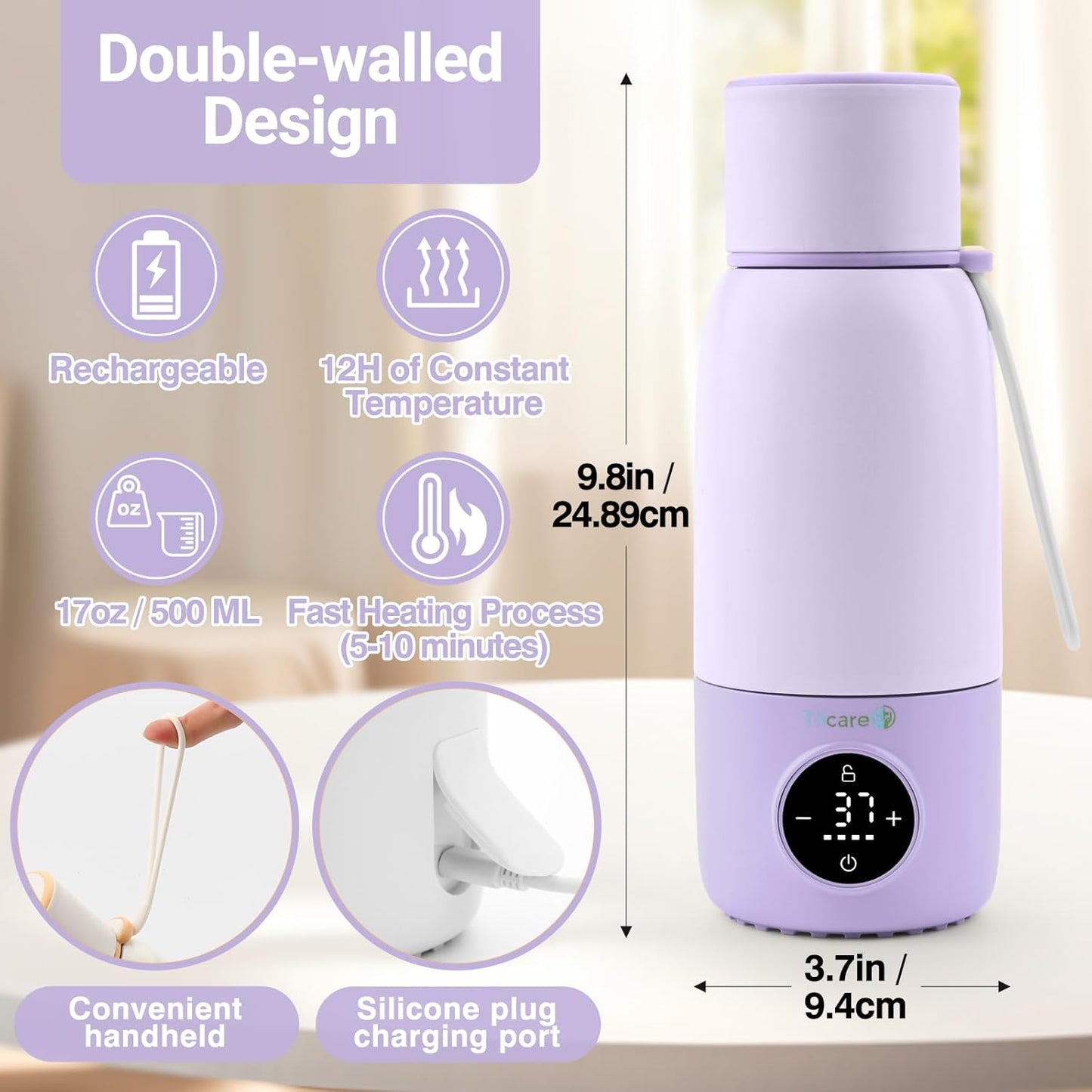 Portable Bottle Warmer for Travel - 17oz 12H Baby Bottle Milk Warmer, Fast Heat Travel Bottle Warmer for Breastmilk, USB Calentador De Biberones on The Go - Wireless Car Bottle Water Warmer Lavender