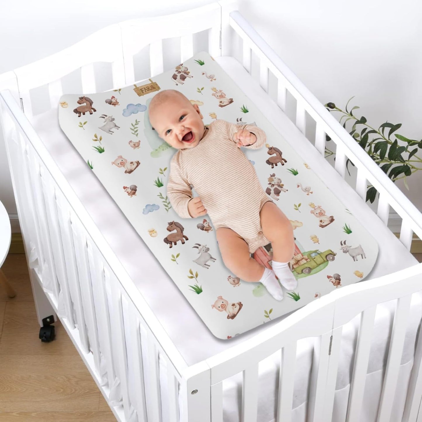 Baby Farm Life Changing Pad Covers for Boy Girl 32''x16'' Farm Animals Pig Goat Horse Cow Chick Rooster Duck Leaves Barn Truck Unisex Fitted Diaper Changing Pad Mats Soft Cradle & Bassinet Sheets