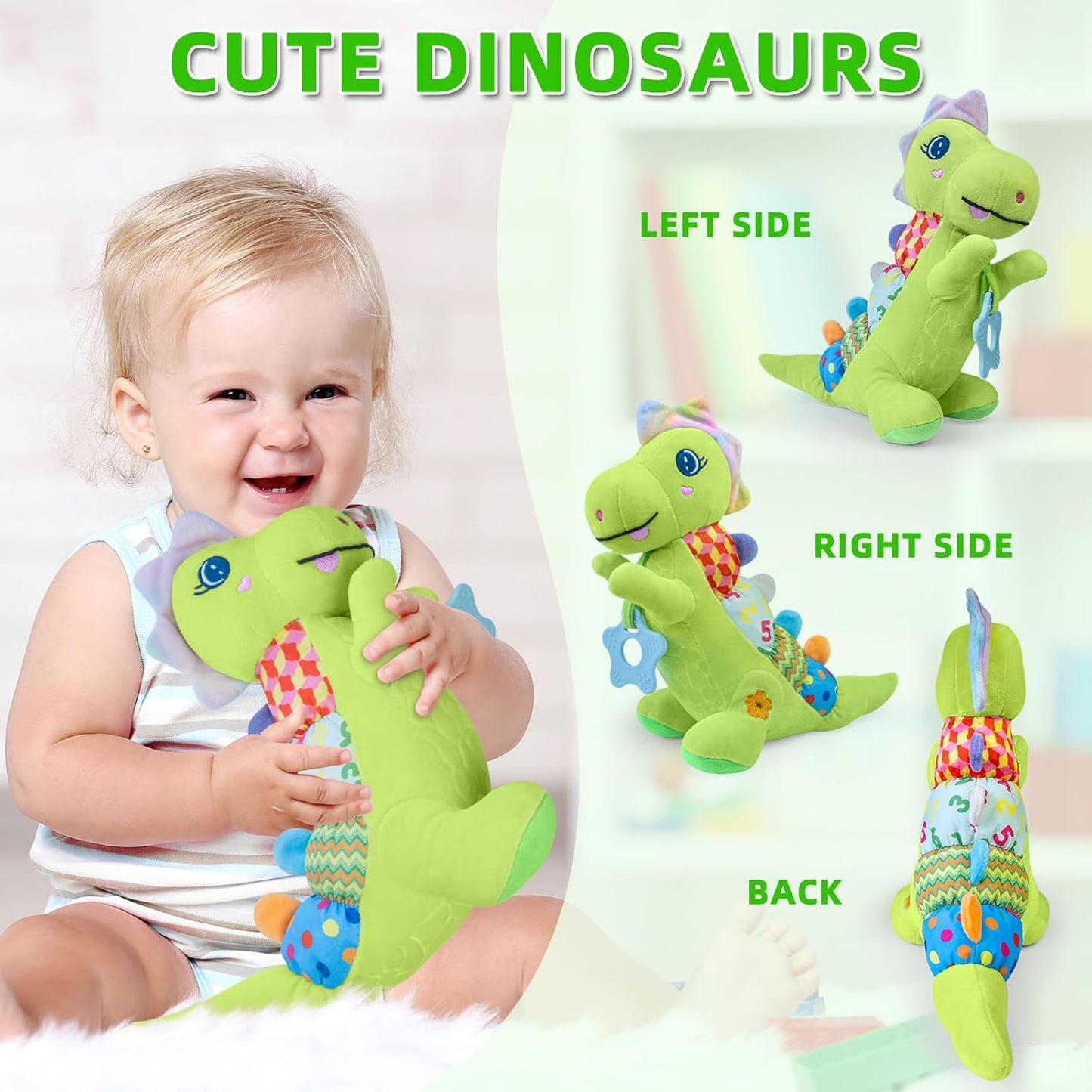 Baby Dino Musical Stuffed Animal Toys for 0-3-6-9-12 Months,Infant Dinosaur Tummy Time Toys with Crinkle Sound Paper,Teether,Textures & Rattles for Newborn Boys Girls Birthday Gifts,Green