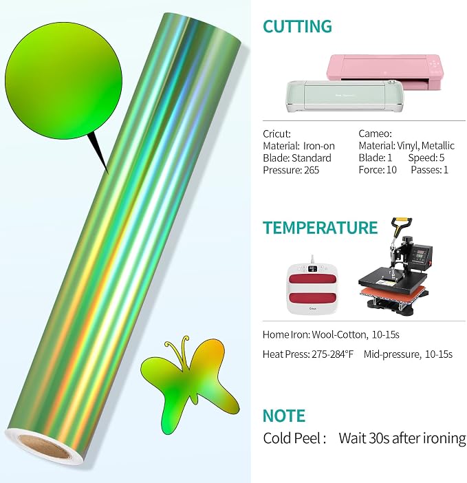 VINYL FROG Green Holographic Heat Transfer Vinyl 12" x5ft Green Metallic HTV