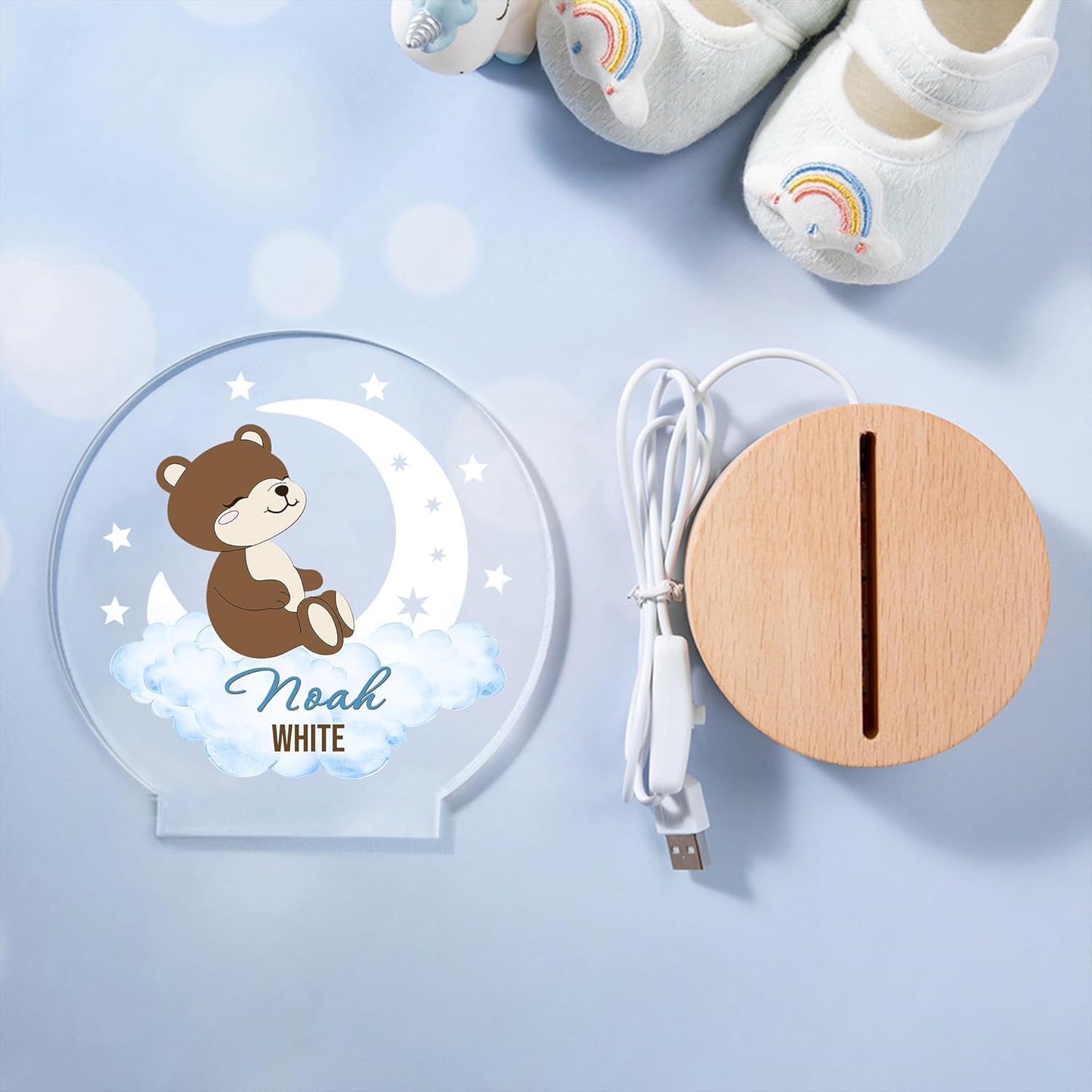 callie Acrylic Night Light Name Plate Personalized, Custom Cute Animal Dog Cat with Wooden Base Bedroom Decor, Birthday Gifts Kid Gifts for Family (Dreamy Moon Forest)