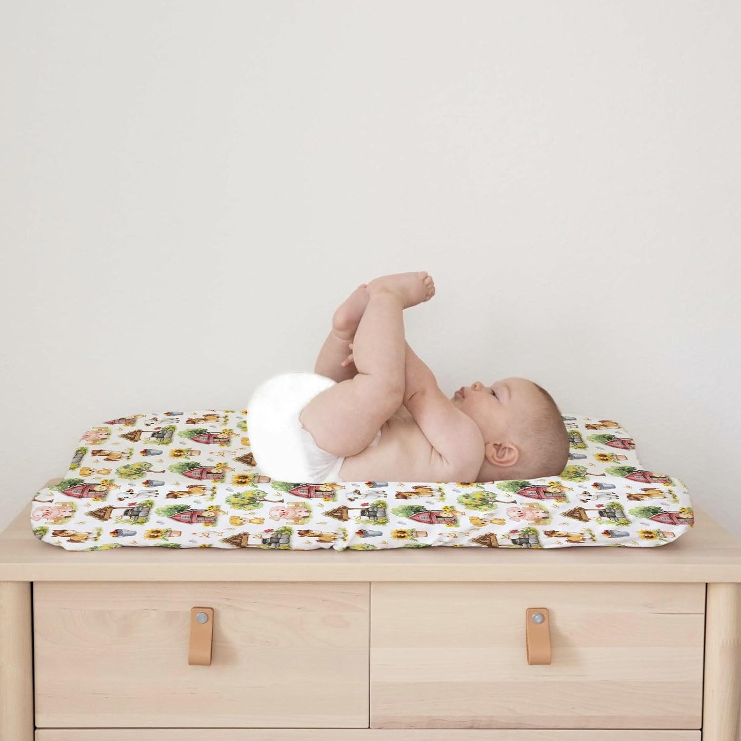 Cute Farm Animals Baby Changing Pad Covers for Boy Girl 32''x16'' Farm Chicken Lamb Pig Dog Horse Barn Sunflower Fitted Diaper Changing Table Sheets Spring Farm Life Soft Breathable Change Table Mats