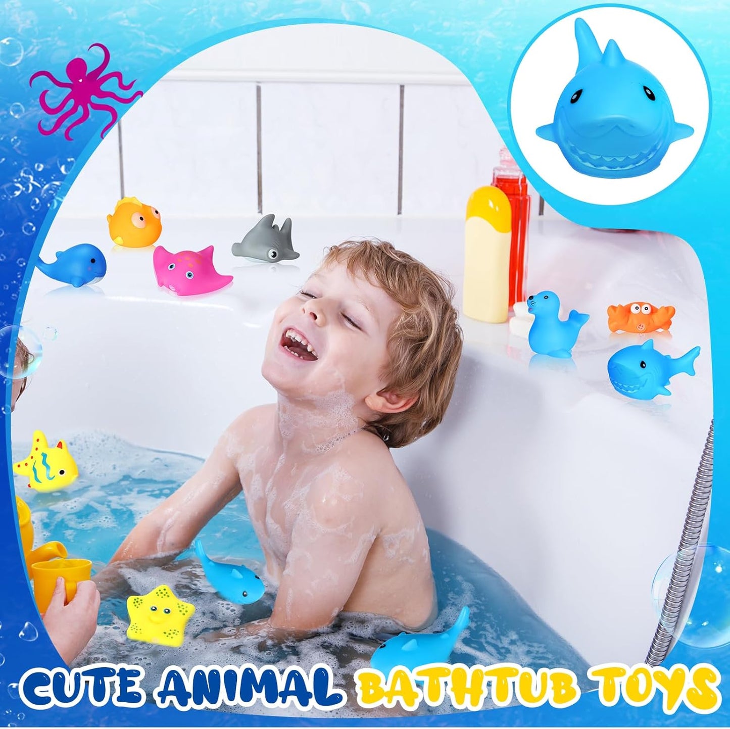 Poen 100 Pcs Rubber Bath Toys Bulk Cute Sea Animals Bathtub Toys Floating Ocean Squeaky Animals for Birthday Party Supplies Summer Pool Favors Baby Shower Classroom Carnival Prizes, 10 Styles