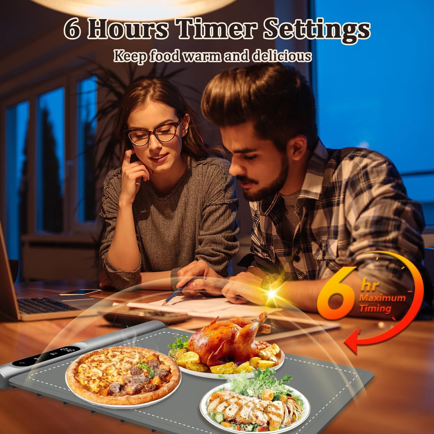 Upgrade Graphene Warming Mat for Food, Rapid Heating Food Warming Mats for Countertop with 6 Temps & Timer Settings, Portable Electric Warming Tray for Buffets Party, Gray