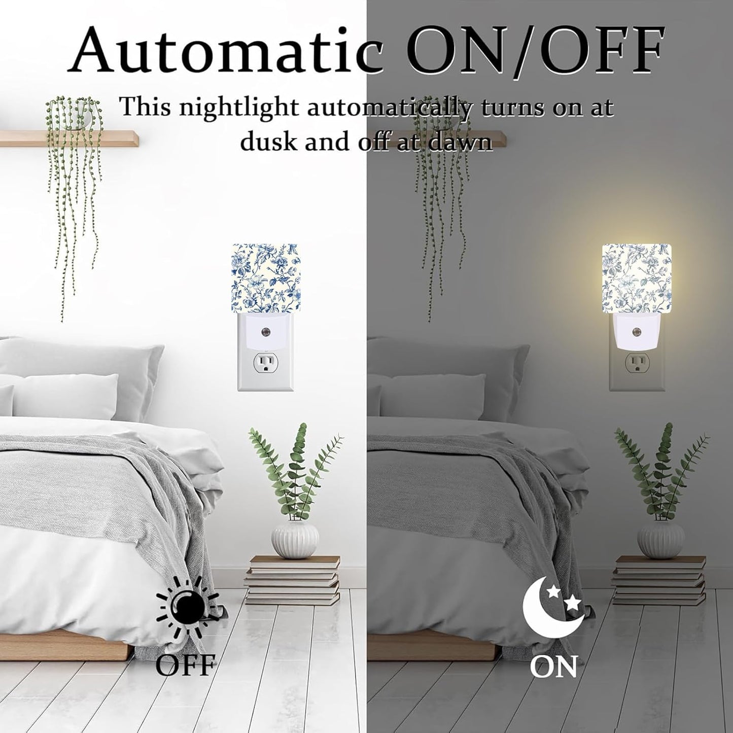 Vintage Blue Flowers Night Light, Abstract Botanical Floral Leaves Dusk to Dawn Night Light Plug in, 0.5w Energy Saving Sleep Friendly NightLight for Kids Boys Girls Home Decor
