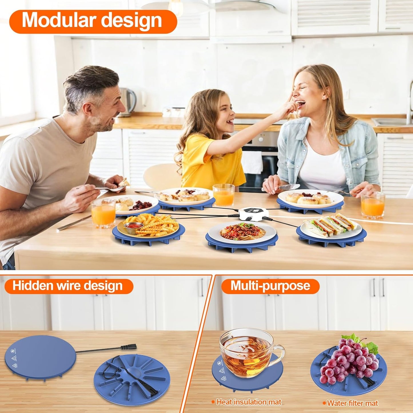 Upgrade Food Warming Mat,6-in-1 Silicone Warming Mat for Food-Fast Heating Electric Warming Tray with 3 Timer & Temp Settings,Portable Food Warmer for Parties Buffet,Raised Feet Protects Table (Blue)