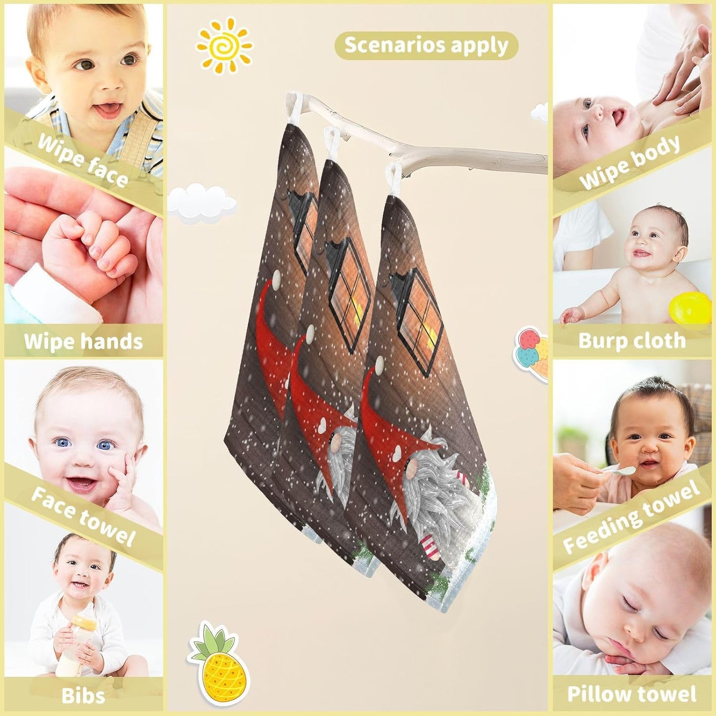 Folklore Elves Muslin Burp Cloths Baby Burp Cloths for Boys Girls Christmas Snowflake Baby Muslin Washcloths Baby Essentials for Newborn Soft Absorbent 12x12in,3 Pack