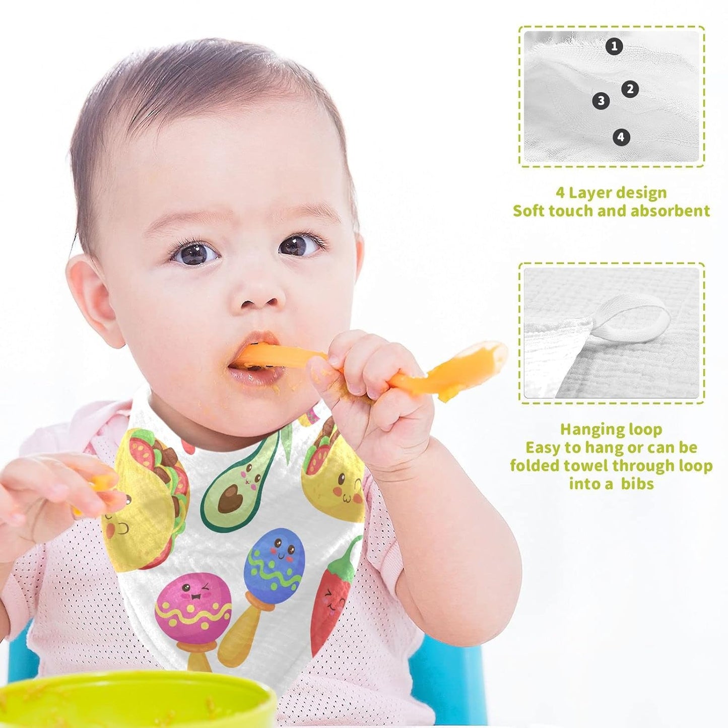 Funny Mexican Food Characters Seamless Pattern Baby Muslin Washcloths Set of 5 Burp Cloths Soft Absorbent Baby Wash Cloth Fingertip Face Towels for Newborn Boys Girls 12 x 12 Inch