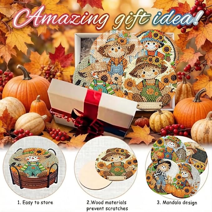 LWZAYS 8 Pcs 5D Autumn Scarecrow Diamond Art Coasters Kits