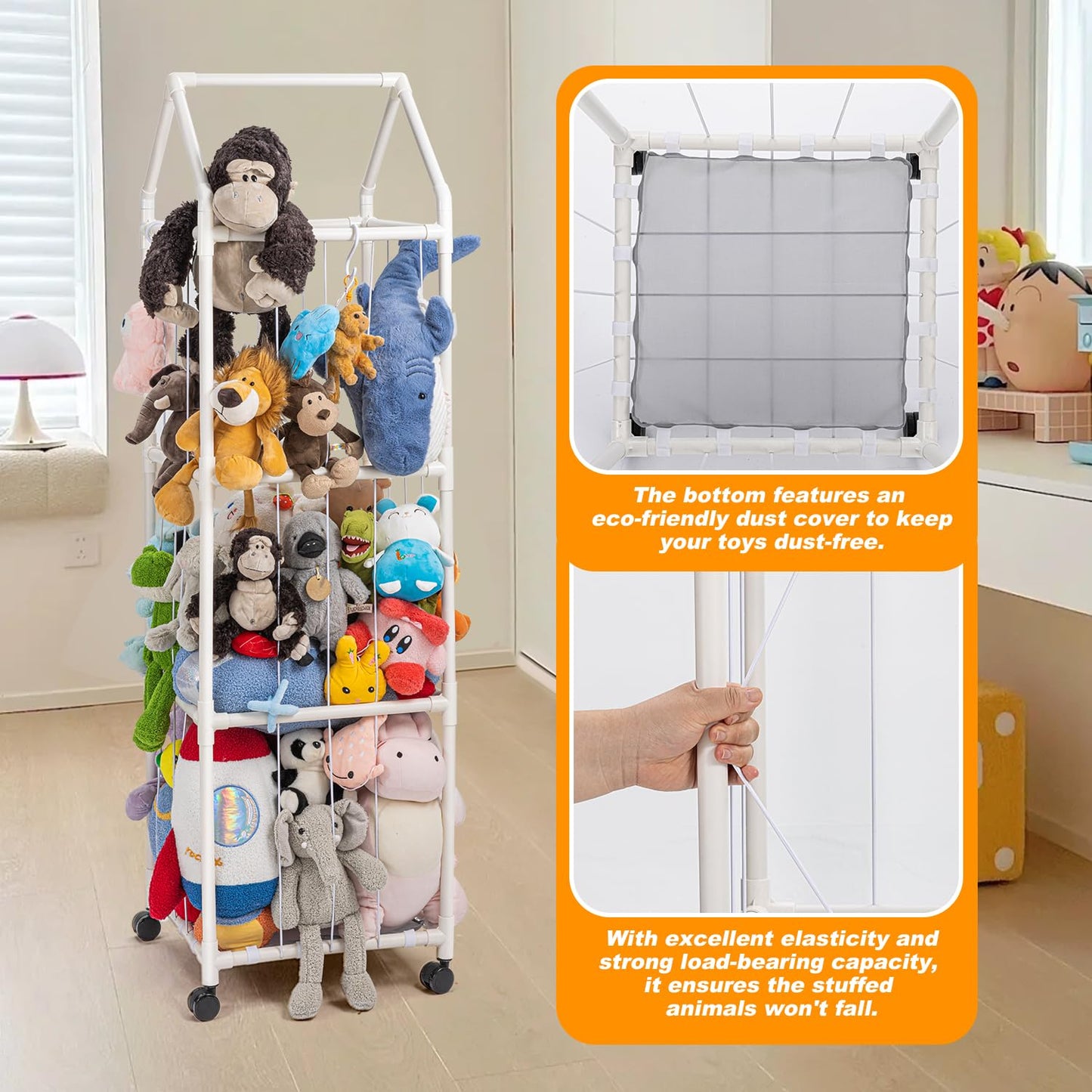 Stuffed Animal Zoo Storage, Extra Large Stuffed Animal Holder with Dust Cloth and Universal Wheels, Toy Storage Organizer, Plush Storage Organizer Shelf for Birthday Gift, Nursery Play Room