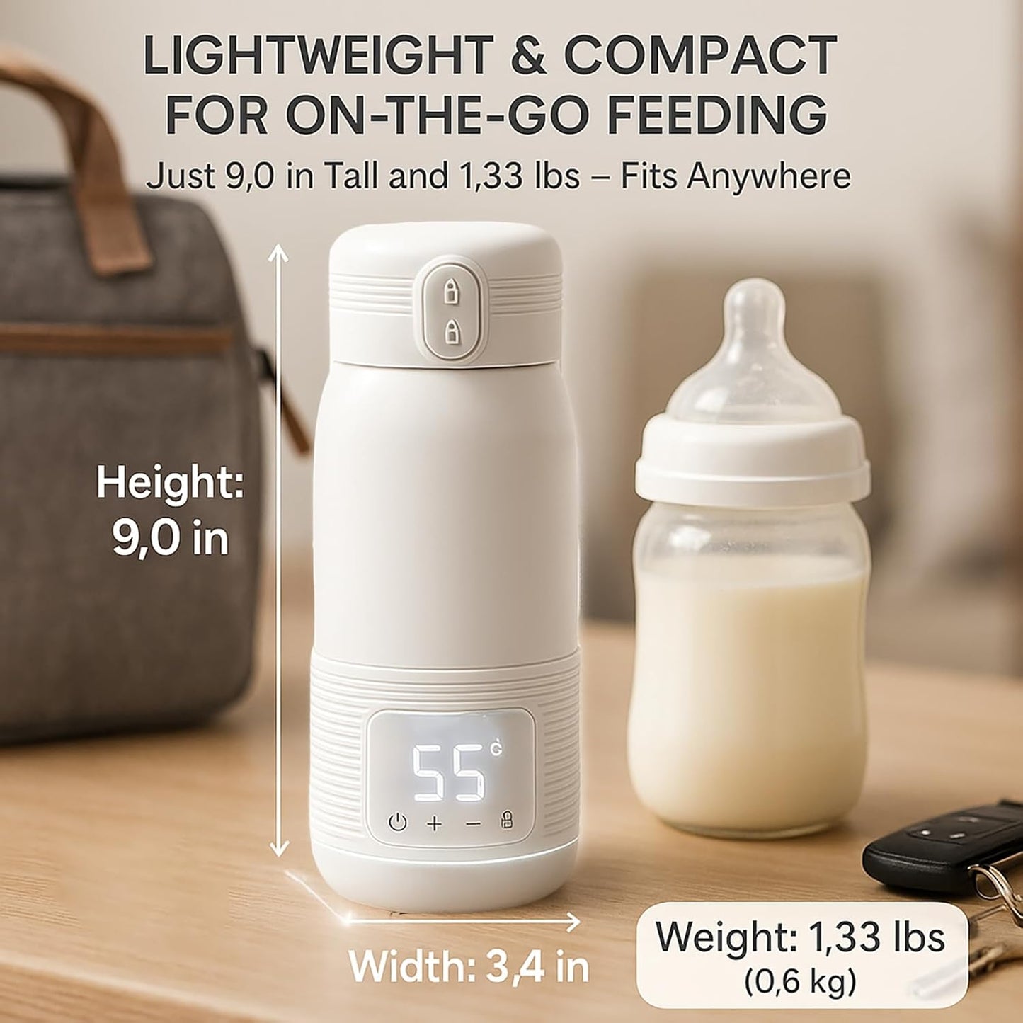 Portable Bottle Warmer for Travel – 12oz Portable Milk Warmer for Travel, LED Display, 3-Min Fast Heating, 10H Battery Life Leakproof for Breastfeeding, Formula, Camping Car Use (White, 12 oz)