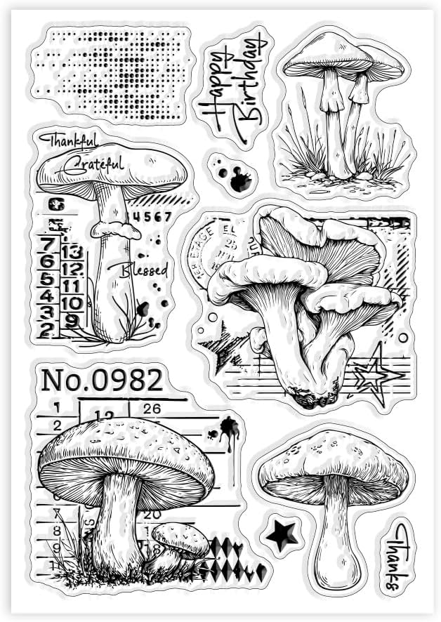 GLOBLELAND Vintage Mushrooms Clear Stamps Retro Texture Silicone Clear Stamp