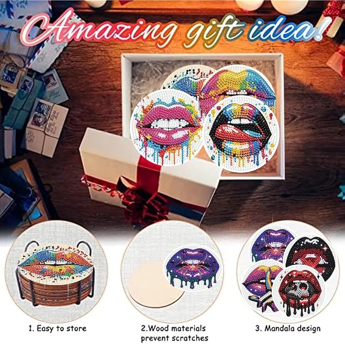 8 Pack Diamond Art Coasters, Sexy lips Diamond Painting Coasters Kits | Lips