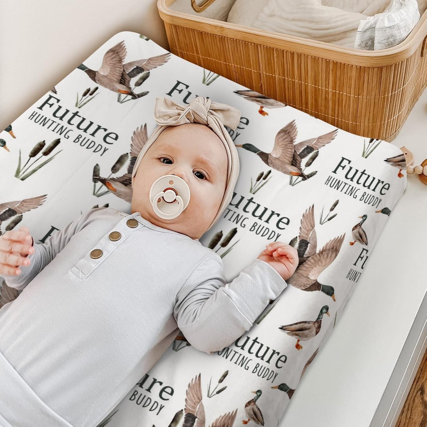 HawSkgFub Future Duck Hunting Buddy Changing Pad Cover for Baby Boy, Wild Mallard Hunter Diaper Change Table Covers, Soft Stretchy Breathable Safe Snug Fitted Changing Mat Sheets Fit 32"/34" x 16"