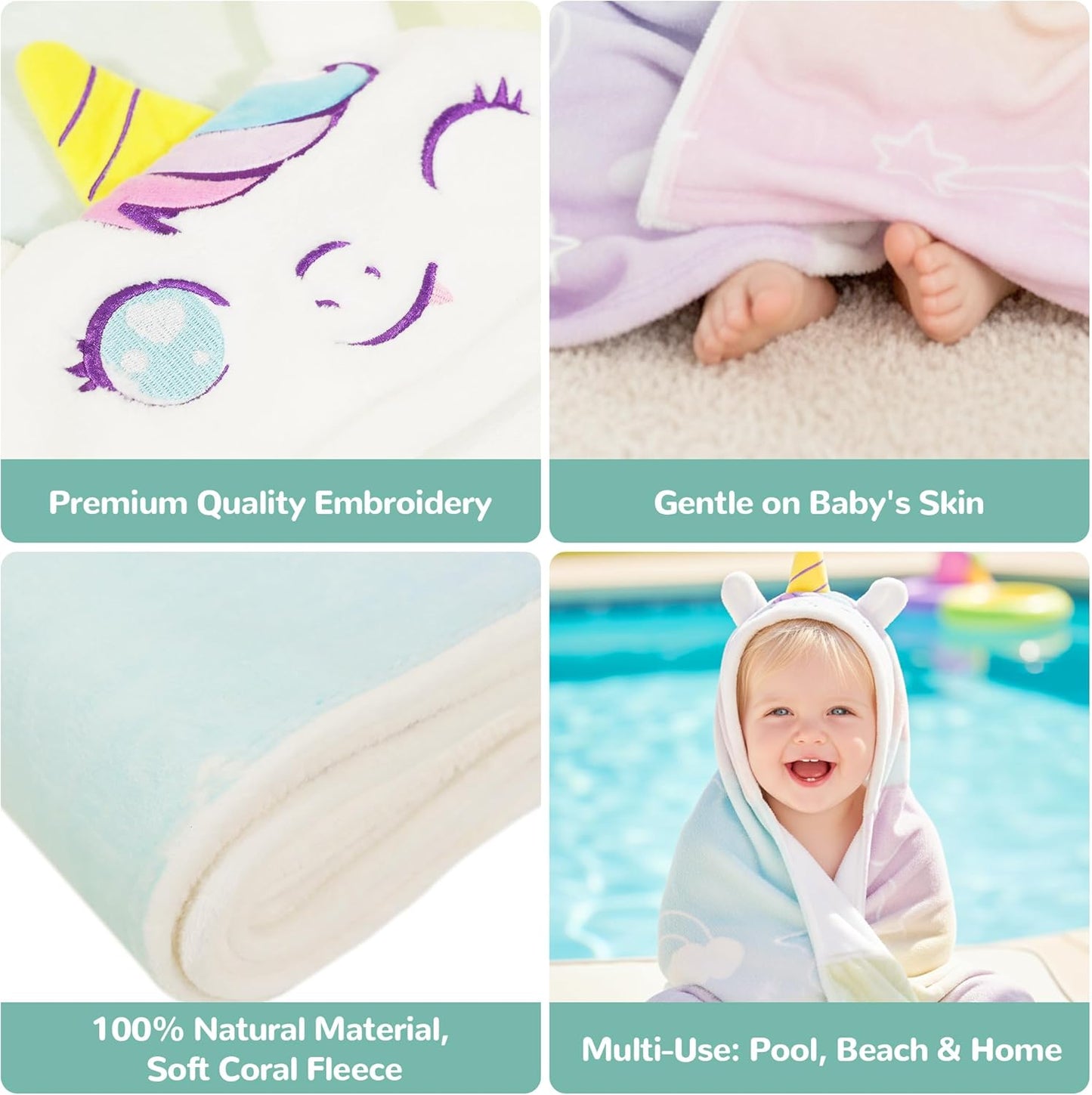 HECCEI HoodieHug Baby Towels, Premium Coral Fleece Bath Towel with Large Size-Ultra Absorbent for Baby Comfort- Great Gift for Newborn, Toddler and Kid (Unicorn)