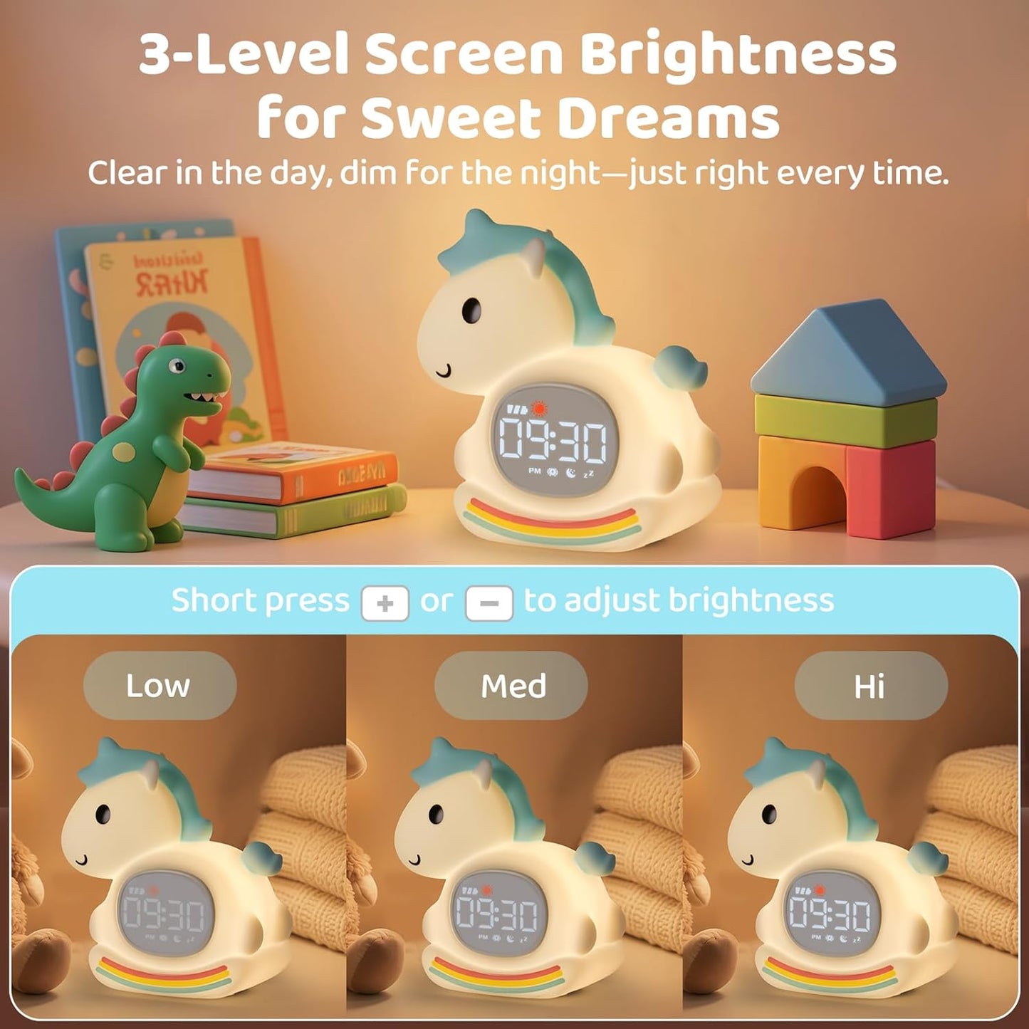 Alarm Clock with Night Light for Kids with Sleep Training and Sound Machine, Rechargeable Silicone Lamp OK to Wake Clock,Cute Animal Tabletop Lamp, Perfect Sleep Companion for Boys Girls,Blue Pony