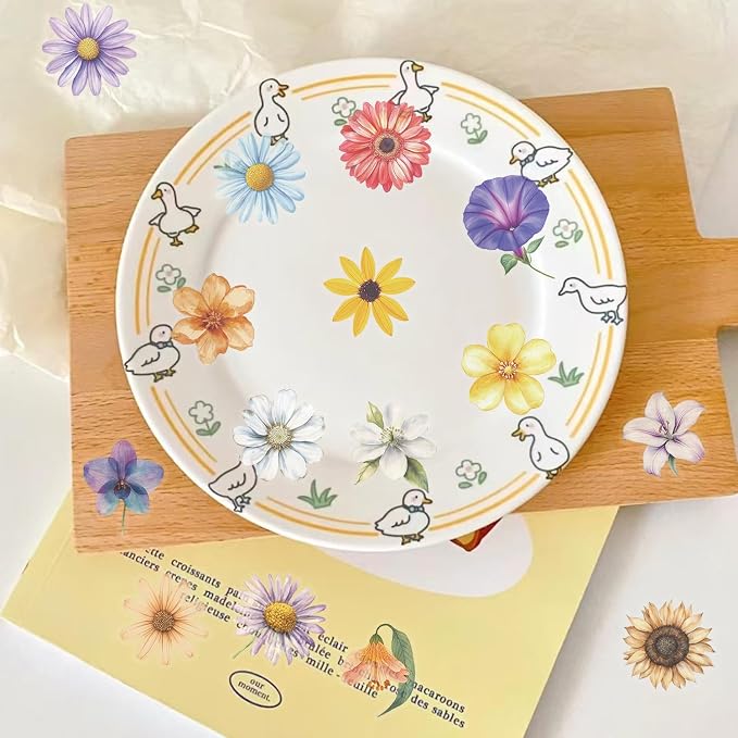 50PCS Transparent Watercolor Flower Stickers, Waterproof PET Floral Decals