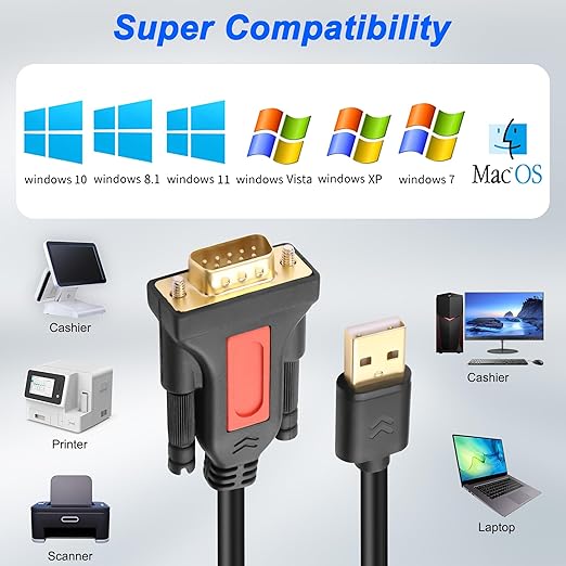 XMSJSIY USB to RS232 DB9 Serial Adapter Cable USB A Male to D-SUB 9-Pin Male Converter Cord with Gold Plated Support Winows11/10/8.1/8/7 Vista/XP and Mac OS -1.5M/4.29FT