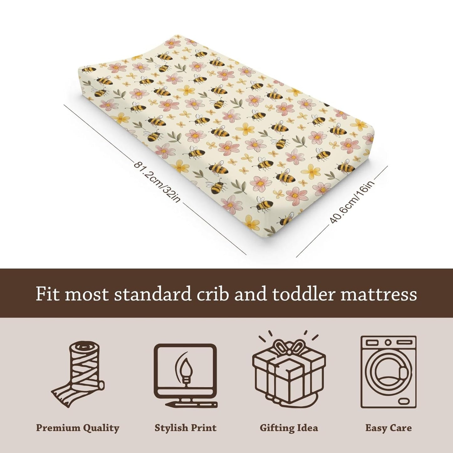 Soft 2 Pack Cartoon Spring Bee Flowers Floral Pattern Baby Changing Pad Covers for Infant Newborn, Unisex Bee Nursery Fitted Diaper Changing Table Pad Mat Sheets for Boys Girls-16x32