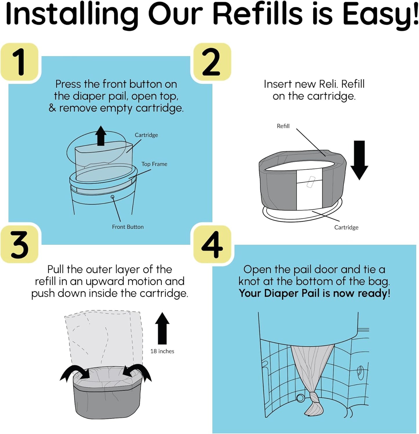 Reli. Diaper Pail Refill Bags, Compatible with Dekor Classic (5 Pack) | Diaper Dekor Refills w/Powder Fresh Scent | Odor Blocking, Strong, Easy Replacement Bags | Holds up to 2475 Diapers