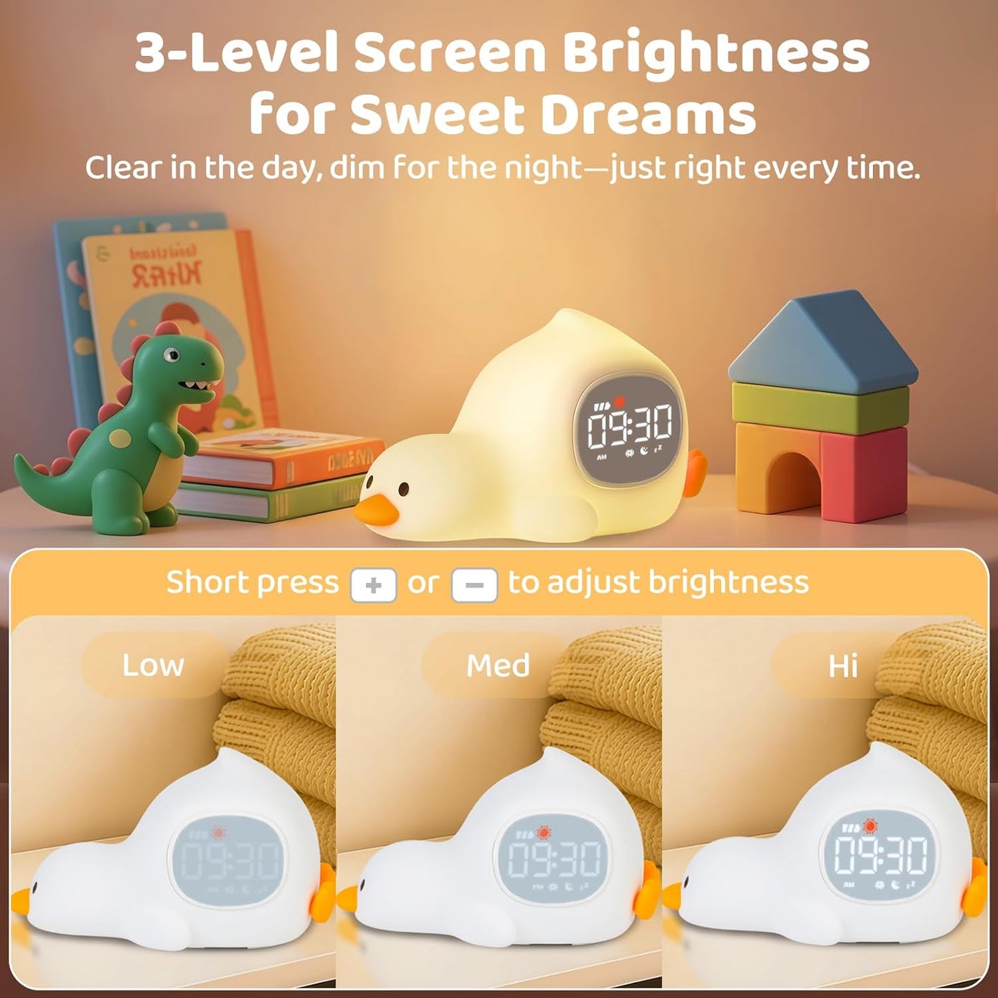 Laying Duck Alarm Clock with Night Light for Kids with Sleep Training and Sound Machine, Rechargeable Silicone Lamp OK to Wake Clock,Cute Animal Tabletop Lamp, Perfect Sleep Companion for Boys Girls