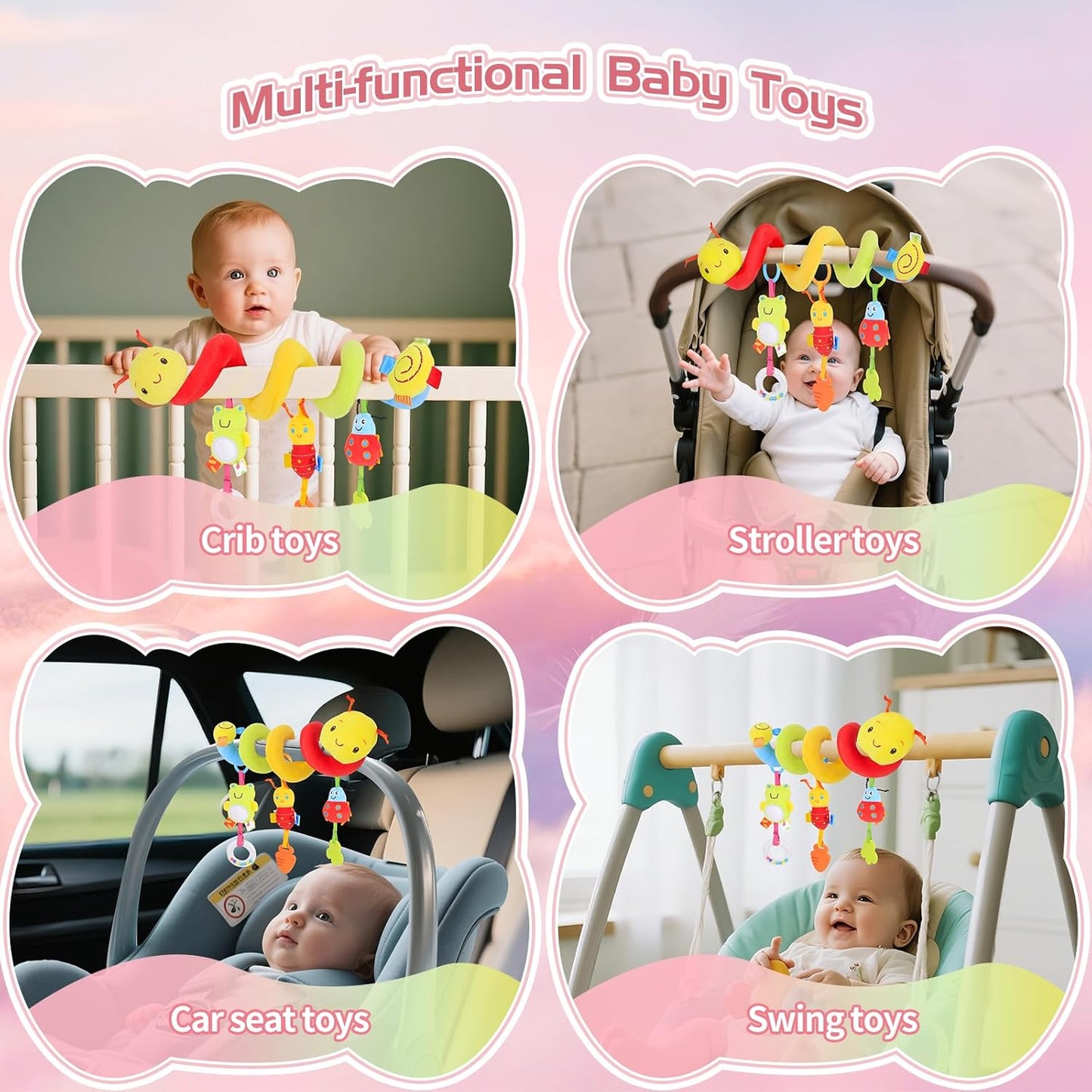 Car Seat Toys for Babies 0-6 Months, Upgraded Spiral Hanging Crib Stroller Activity Toys with Detachable Rattles, Baby Car Seat Accessories Toy for Developing Sensory Skills, Gift for Newborn Infant