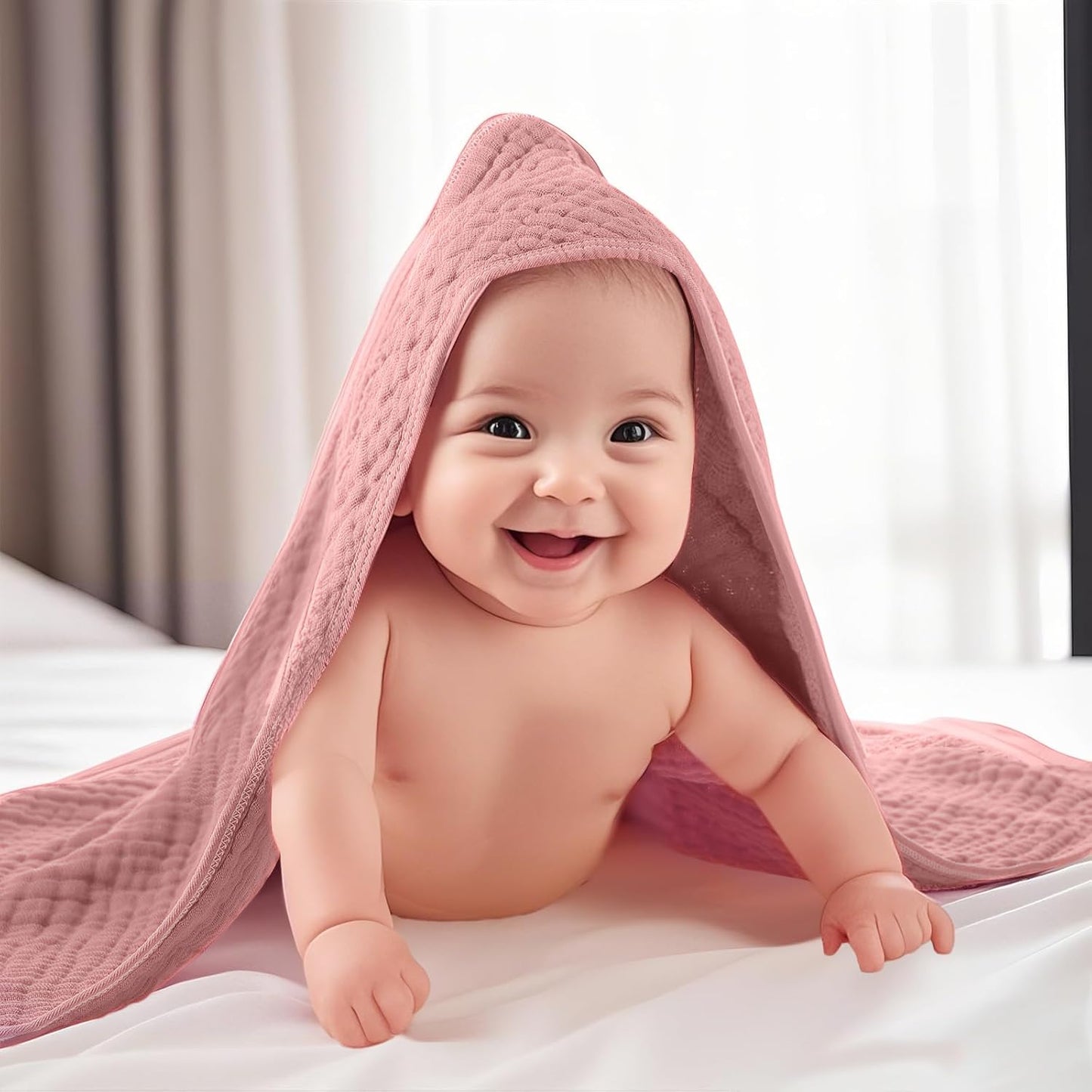 VitalCozy 12 Pcs Baby Muslin Hooded Bath Towels and Washcloths, 32 x 32 Inch Muslin Cotton Hooded Baby Towels Absorbent Hooded Blankets for Gift Newborn Infant Shower (Pink Purple Series)