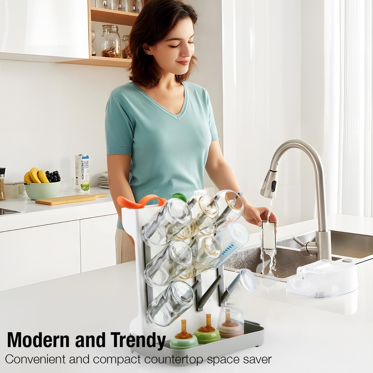 PandaEar Baby Bottle Drying Rack, Vertical Space-Saving Bottle Dryer Stand for Countertop with Removable Water Tray & Pegs, Holds Bottles, Nipples, Sippy Cups & Accessories, Grey