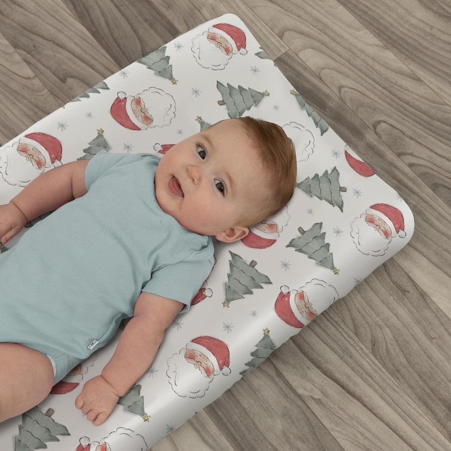 Pastel Santa Christmas Trees Baby Changing Pad Covers for Boy Girl Red Santa Claus Snowflakes Fitted Changing Table Cover Mats Winter Holiday Festive Soft Diaper Change Table Cover Sheets 32''×16''