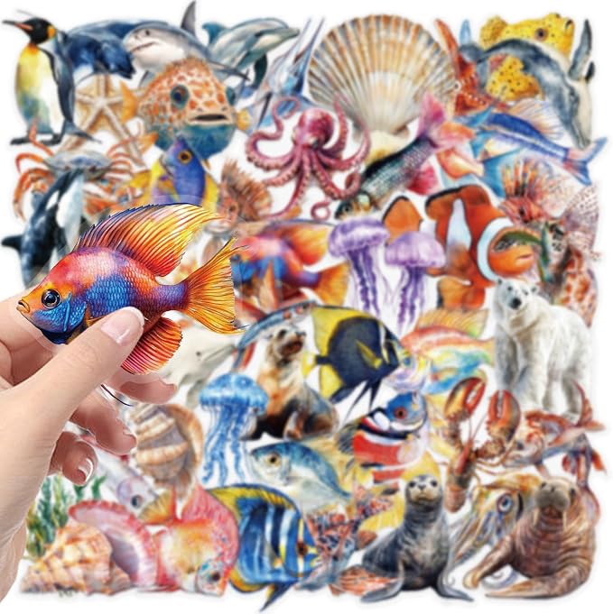 50Pcs Cartoon Marine Life Stickers Waterproof PET Water Bottle Decal Marine